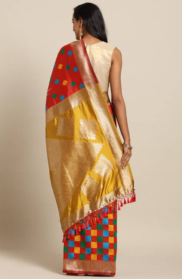 Admiral Red Minakari Ikkat Print Saree