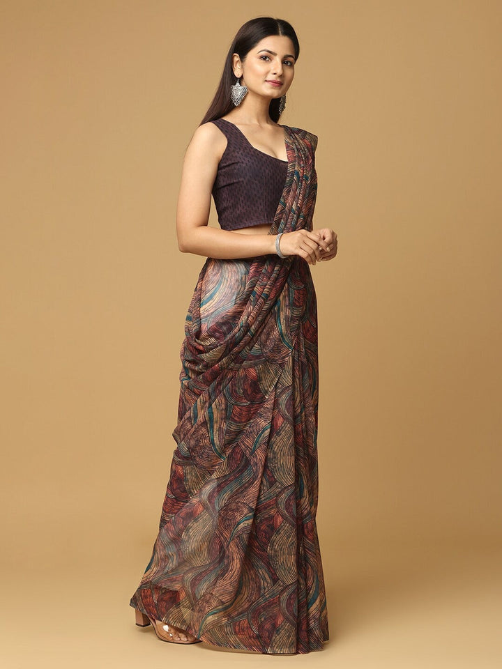 Geometric Printed Coffee Brown Poly Georgette Saree