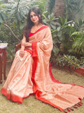 Peach Ghicha Silk Saree with Red Zari Border