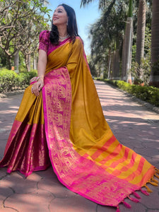 Aura Soft Silk Mustard Colour Saree With Self Weaving Broced Blouse