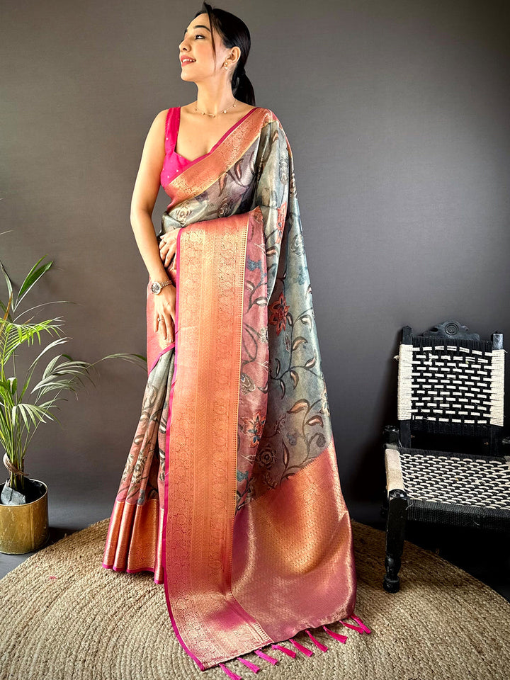 Omber Kalamkari Gold Zari Tissue Saree