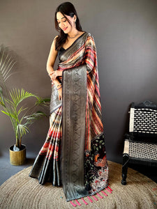 Black Silk Abstract Striped Kalamkari Pallu Saree