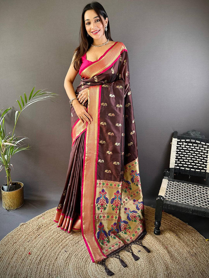 Traditional Brown Colour Yevla Paithani Minakari Work Silk Saree