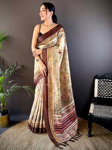 Beige Kalamkari Floral Printed Silk Saree