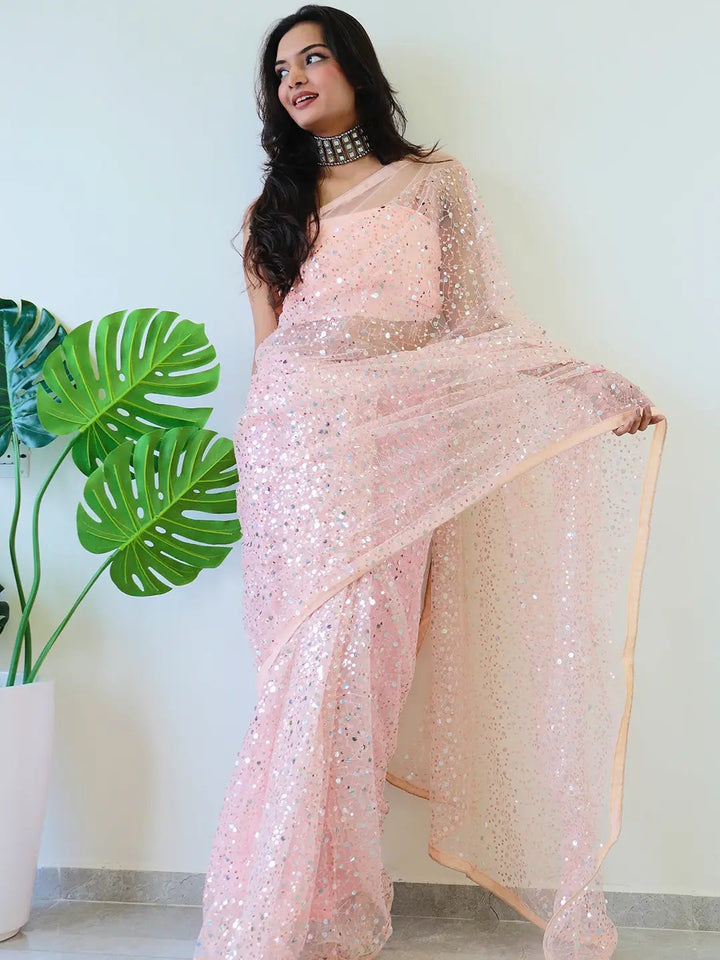 Beautiful Net Saree With Sequins Embroidery Work