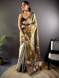 Olive Green Semi Gold Zari Botanical Tussar Saree