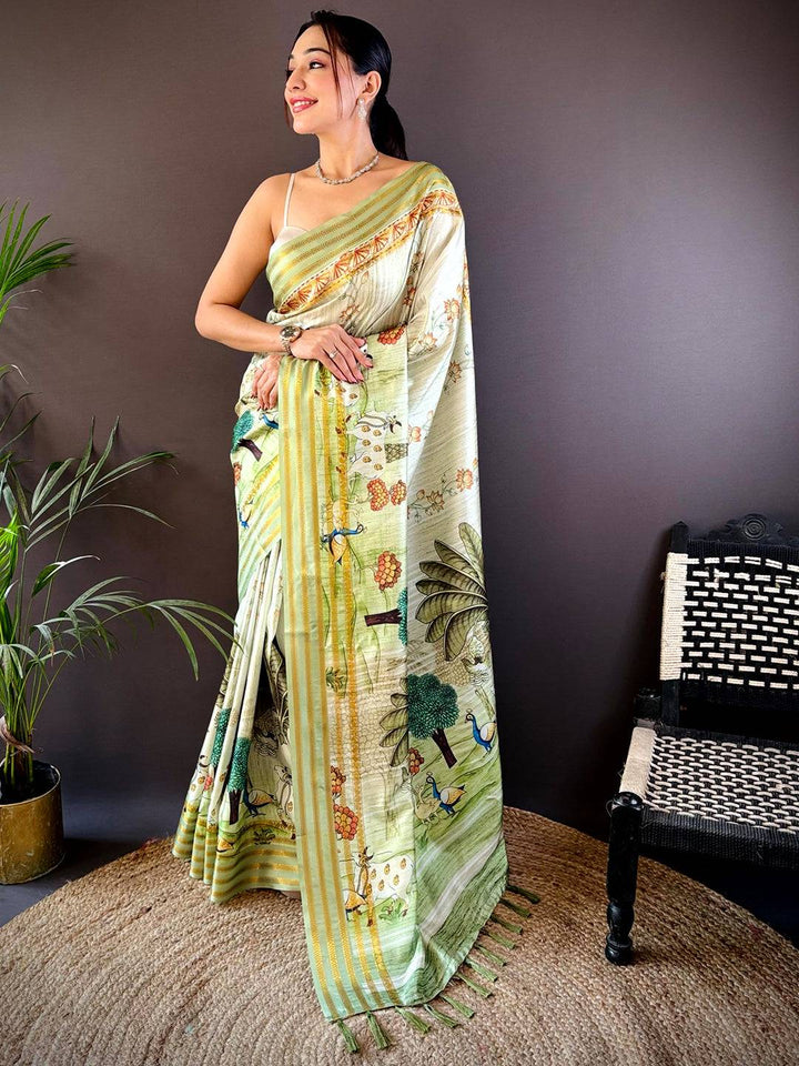 Elegant Soft Silk Pista Pichwai Prints Saree