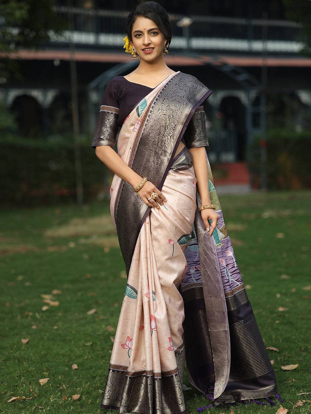 Peach Batik Pen kalamkari Saree With Zari Weaving Pallu