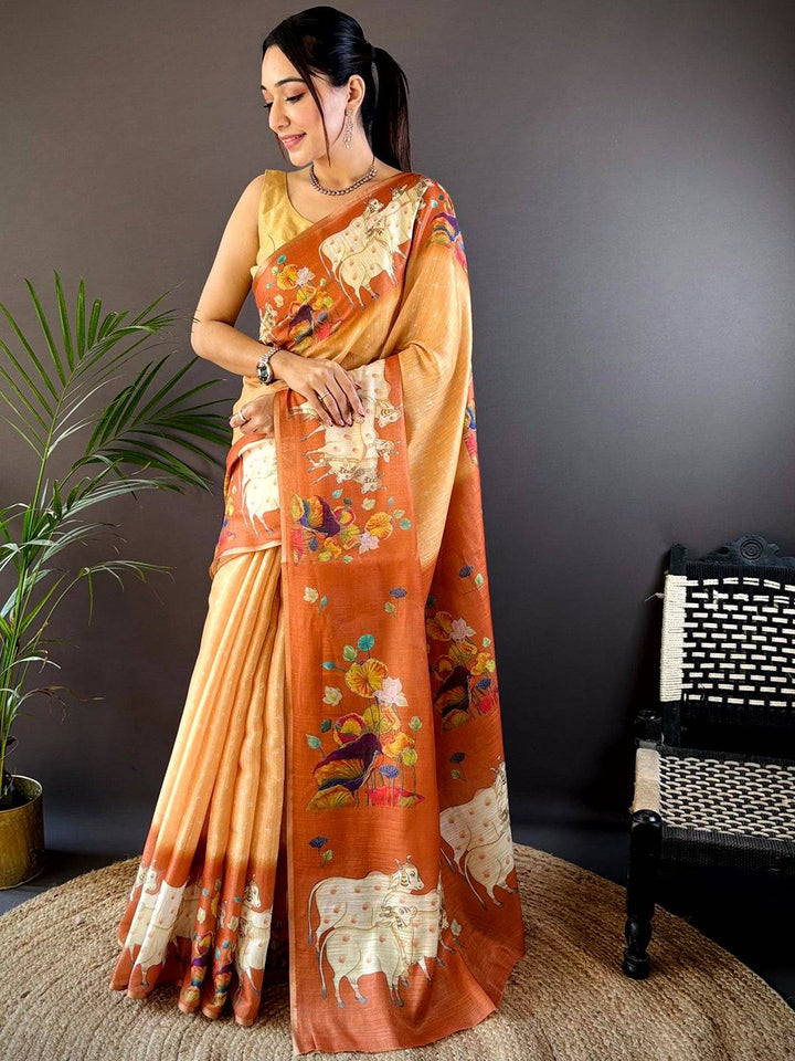 Orange Chanderi Pichwai Print Saree