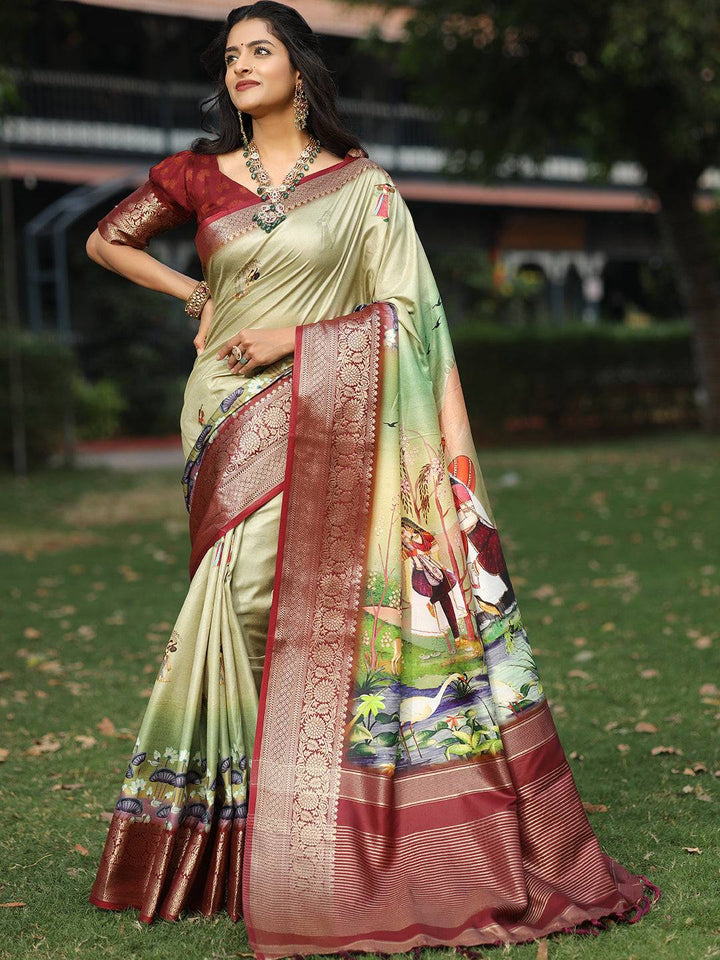 Viscose Dola Silk Pista Colour Saree with Floral and Mughal Print - Luxe