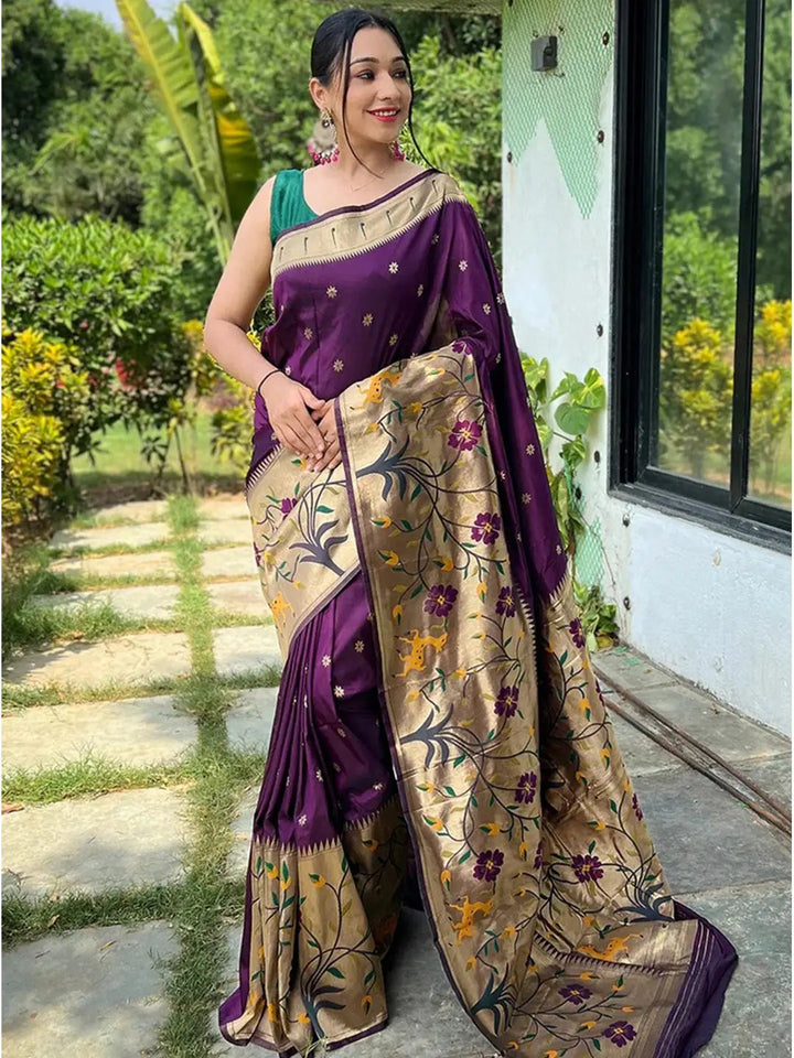 Purple Paithani saree with big border and floral design