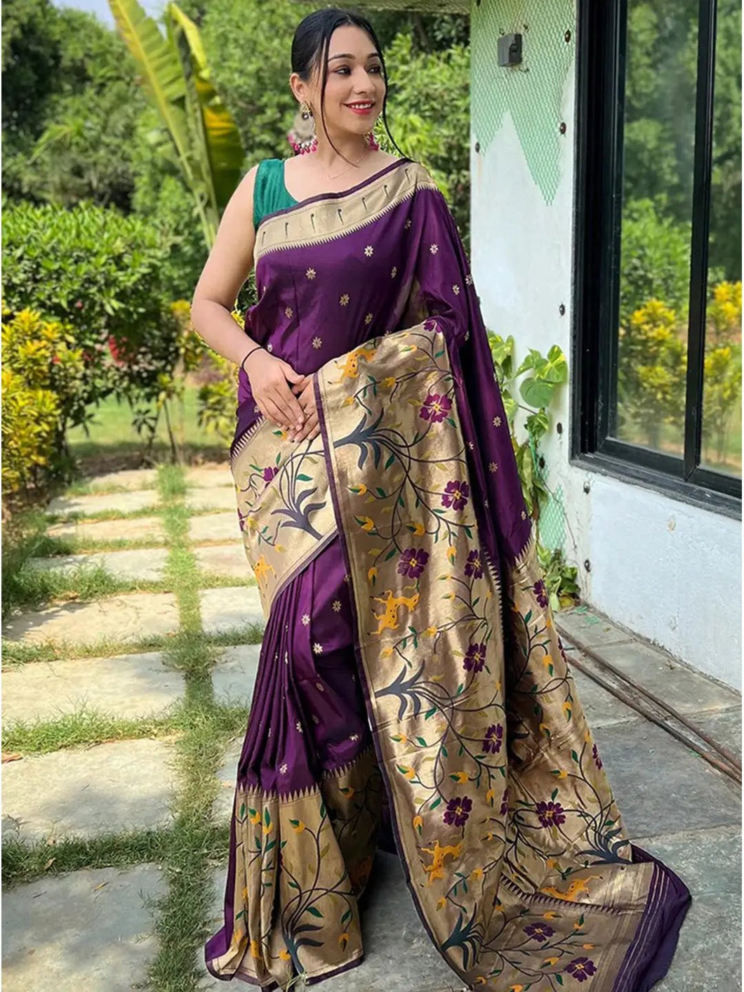 Purple Paithani saree with big border and floral design