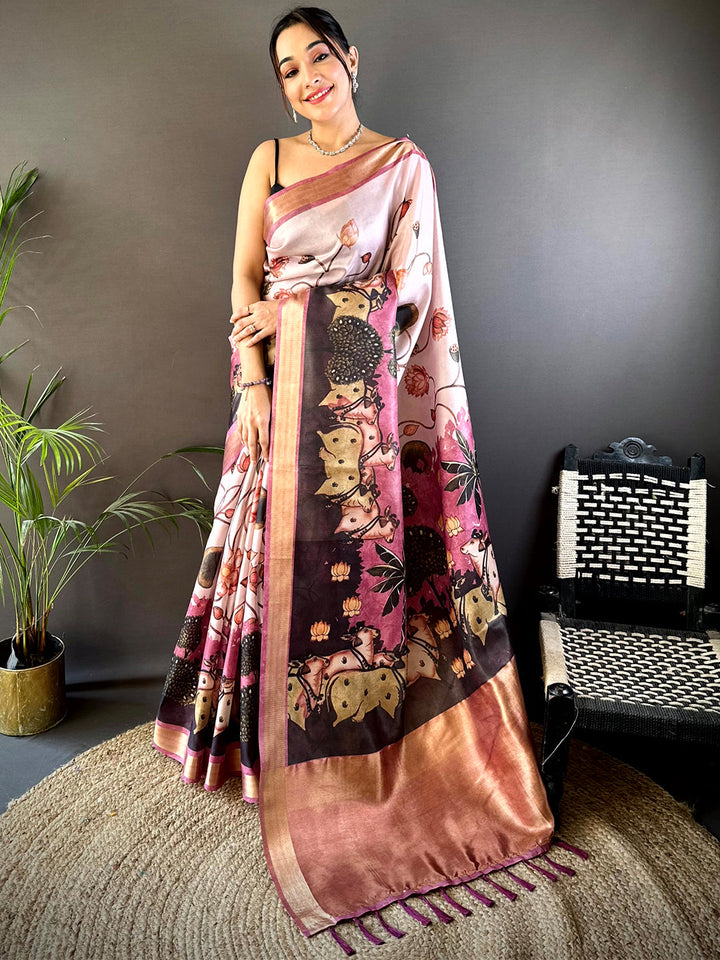 Baby Pink Soft Silk Tissue Pichwai Print Saree