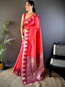 Peach Banarasi Raw Silk Ikkat Saree