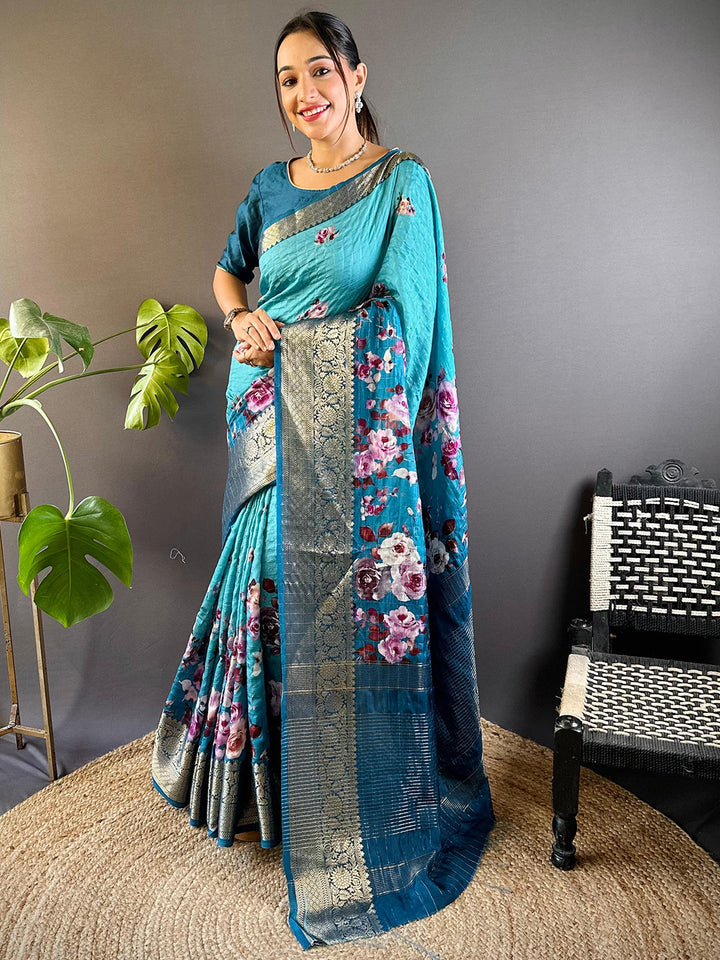 Turquoise Floral Zari Chex Saree