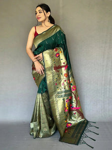 Bottle Green Paithani saree with big zari border, front view