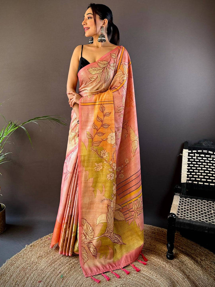 Pink Abstract Floral Zari Tussar Saree