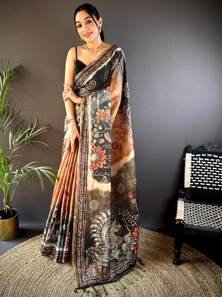 Orange Kalamkari Bandhani Chanderi Saree