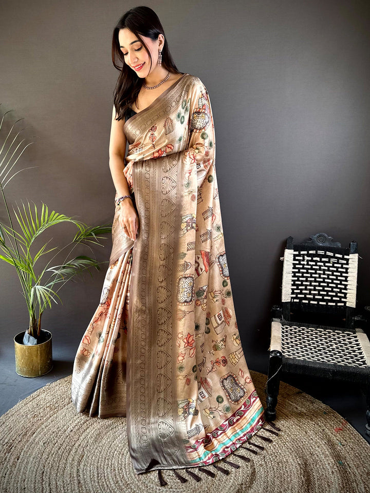 Soft Silk Kalamkari Print Saree In Peach