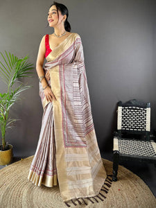 Beige Ghicha Tussar Block Print Saree