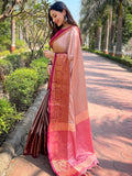 Brown Aura Soft Silk Saree With Kanjivaram Weaving Broced Zari Blouse