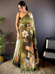 Olive Semi Zari Tussar Botanical Saree