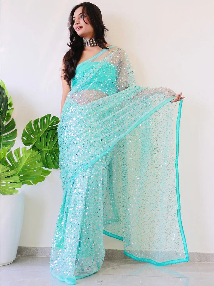 Beautiful Net Saree With Sequins Embroidery Work