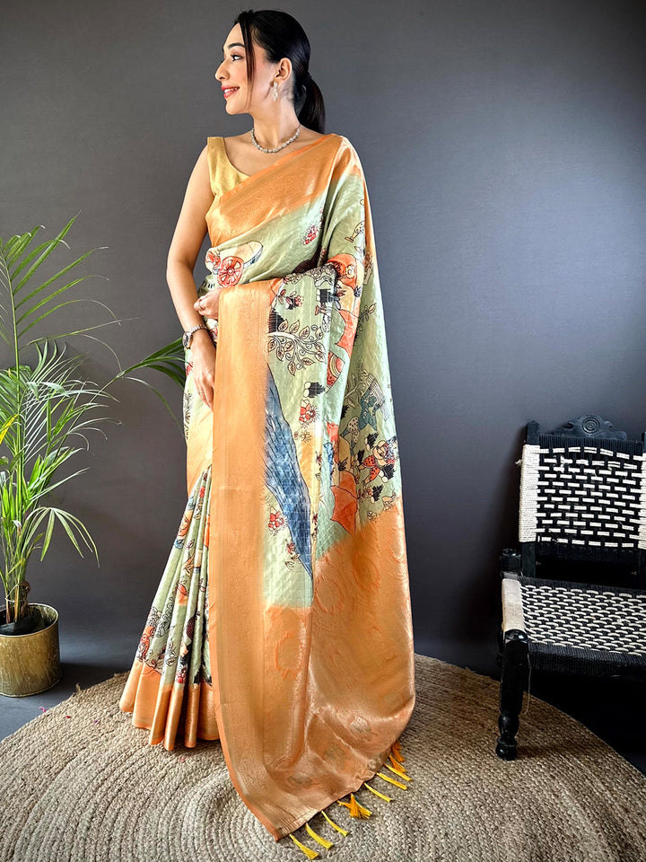 Pista Soft Silk Gold Zari Kalamkari Chex Saree