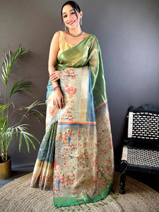 Dark Green Ombre Zari Tissue Digital Print Saree