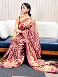 Wine Tussar Silk Kalamakri Flower With Leheriya Print Saree