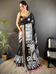 Black Tussar Chex Kalamkari Elegance Saree