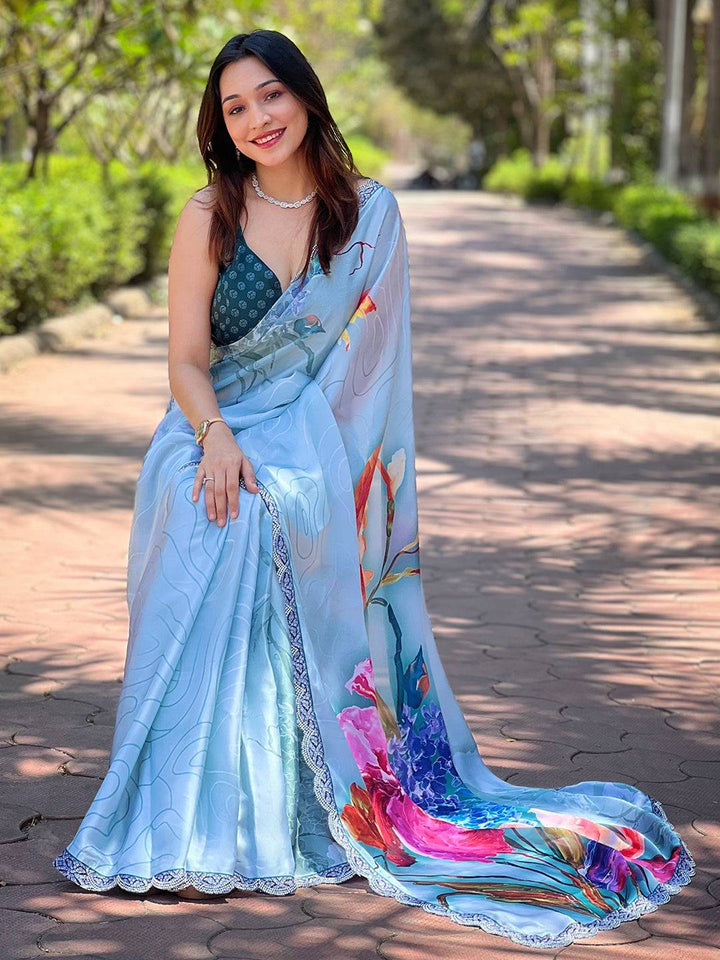 Light Blue Satin Georgette Floral Print Saree