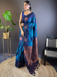 Dark Blue Tussar Silk Ikkat Weaving Saree