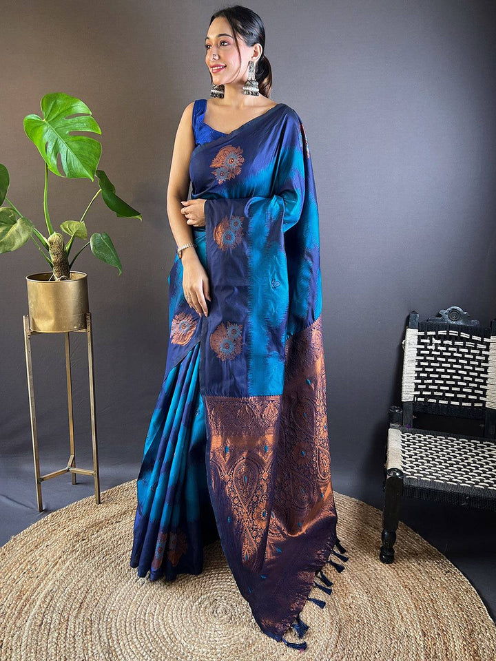 Dark Blue Tussar Silk Ikkat Weaving Saree