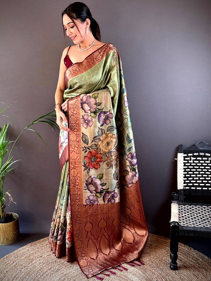 Olive Ombre Floral Digital Print Saree