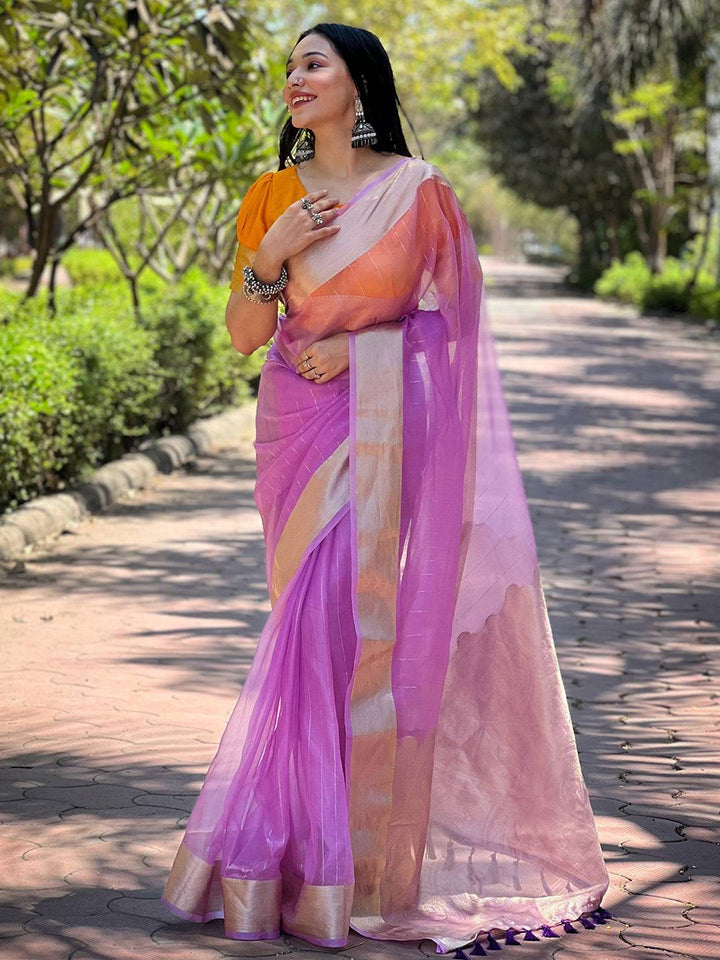 Purple Pure Viscose Organza Saree With Fine Gold Zari Weaving Border