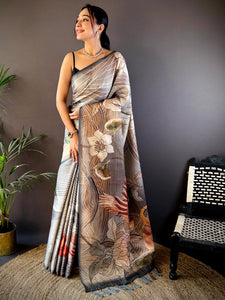 Grey Semi Zari Tussar Botanical Saree