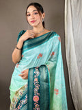 Close-up of Poppy Blue Kota Saree showcasing satin border details