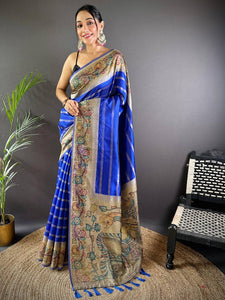 Blue Geometric Zari And Kalamkari Silk Saree