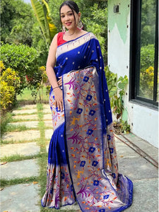 Royal Blue Paithani Saree with Big Border and Floral Design