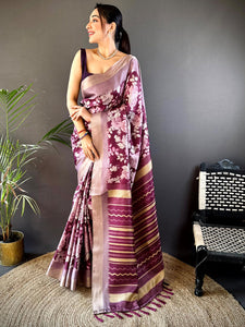 Wine Tussar Chex Floral Saree