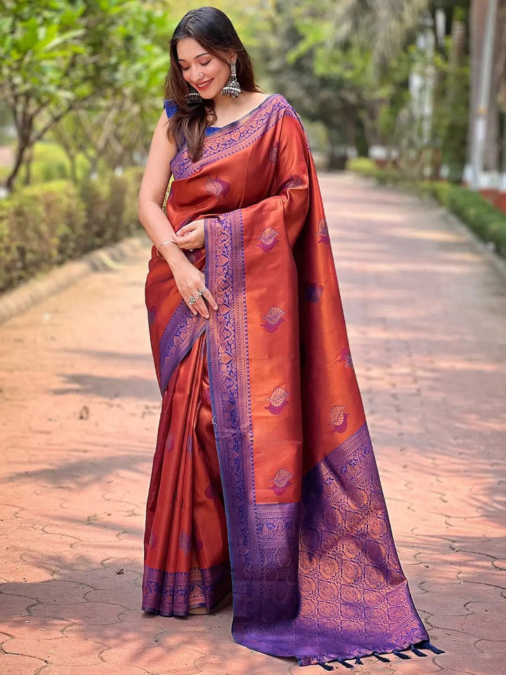 Rust Red Kanjivaram Tissue Saree With Gold Zari Weaving