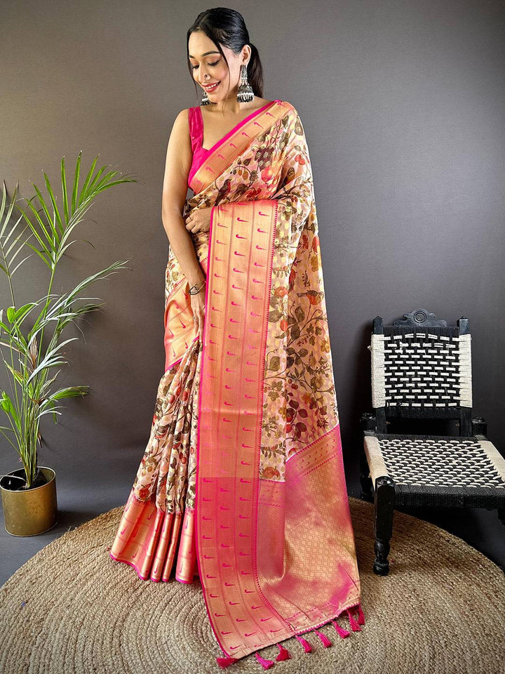 Light Peach Floral Paithani Kora Silk Saree