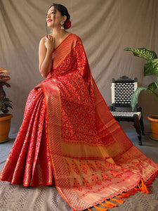 Red Rajkoti Patola Silk Zari Woven Saree