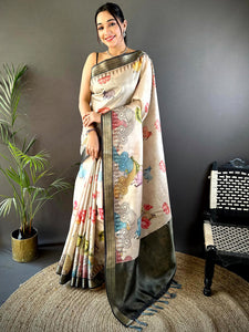 Beige Soft Silk Tissue Floral Print Saree