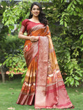 Orange Ajrak Block & Hand Kalamkari Print Pure Viscose Saree 