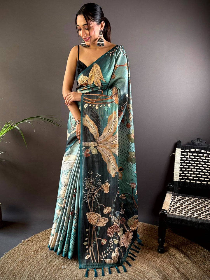 Rama Semi Gold Zari Botanical Tussar Saree