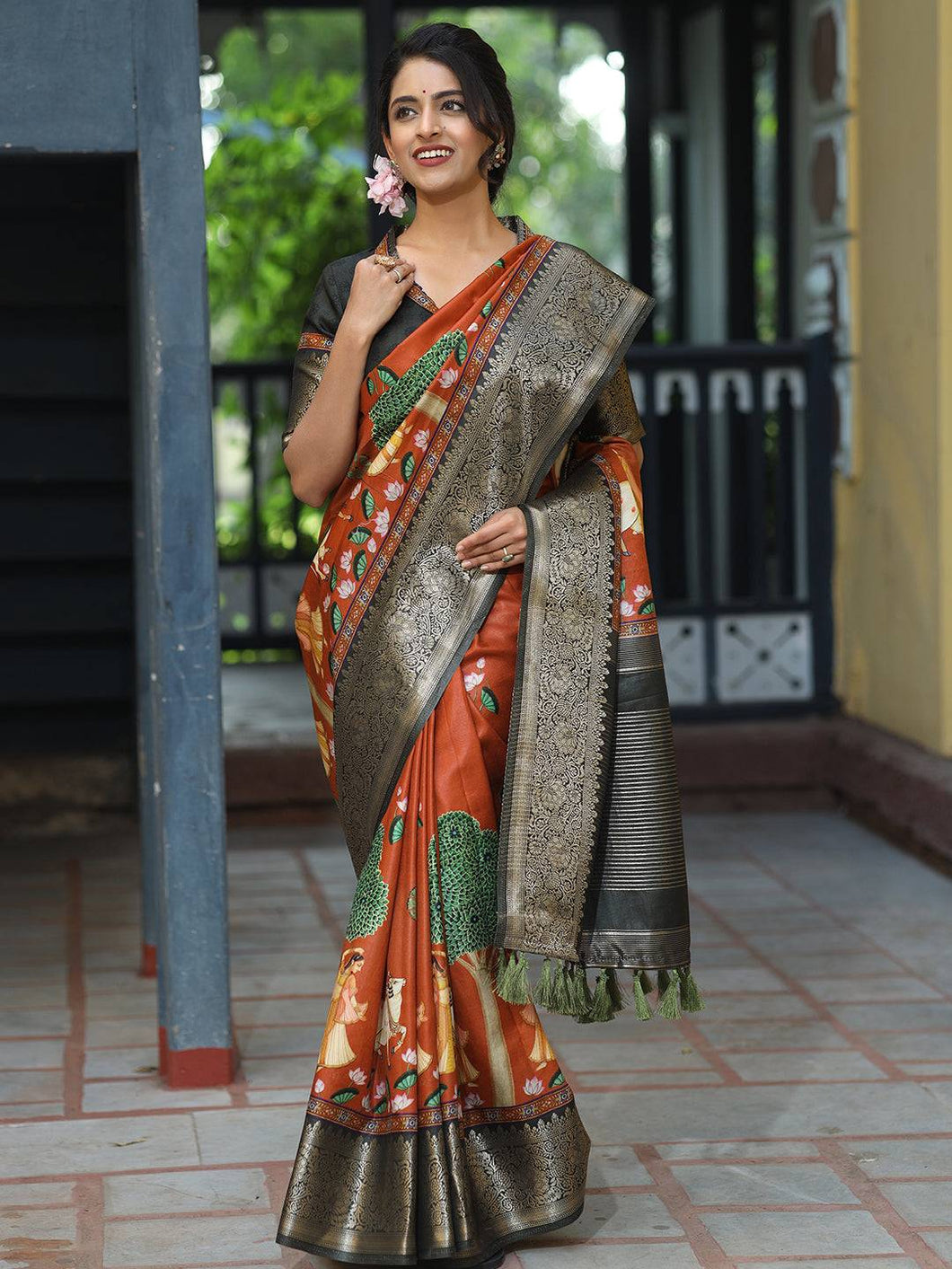 Pichwai Print Zari Weaving Pallu Saree In Brown Colour