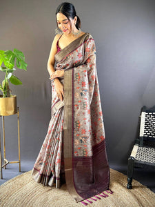 Grey Kalamkari Tussar Silk Saree