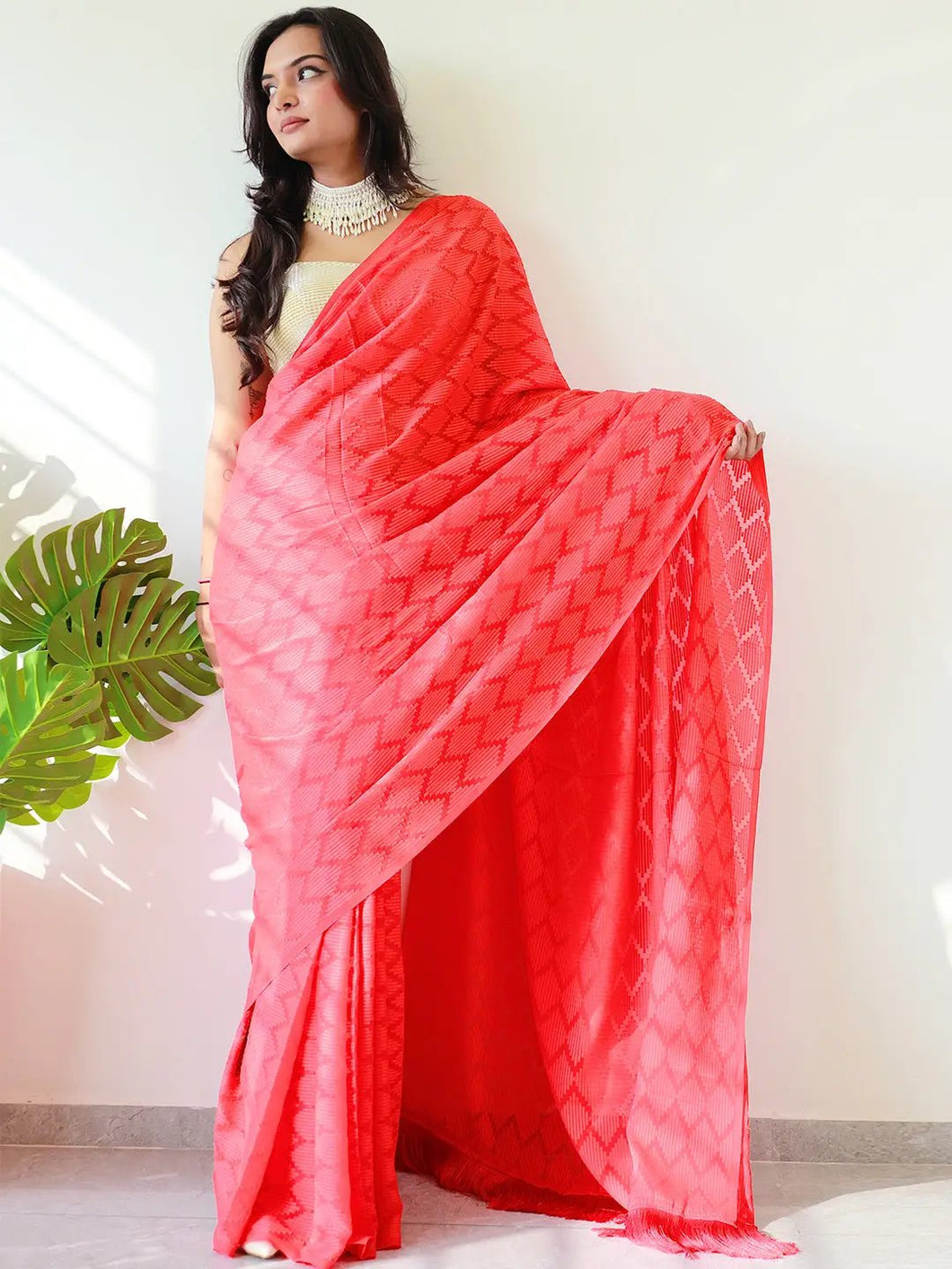 Elegant red georgette saree with thread weaving print